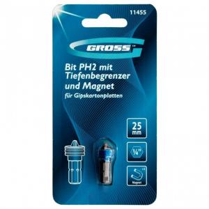 Бита Gross 11455, с ограничителем и магнитом 11455, для ГКЛ, S2, PH2 x 25 мм
